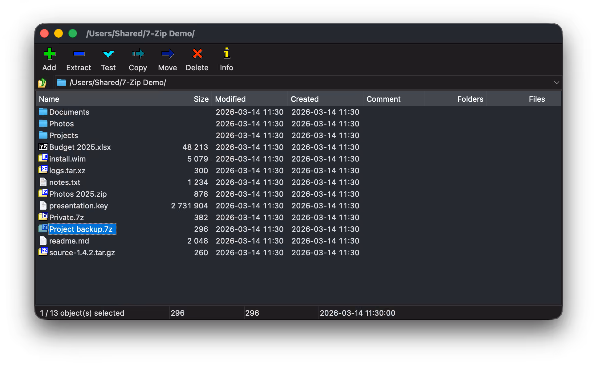 7-Zip for macOS main window in the dark theme, with toolbar, address bar and a file list