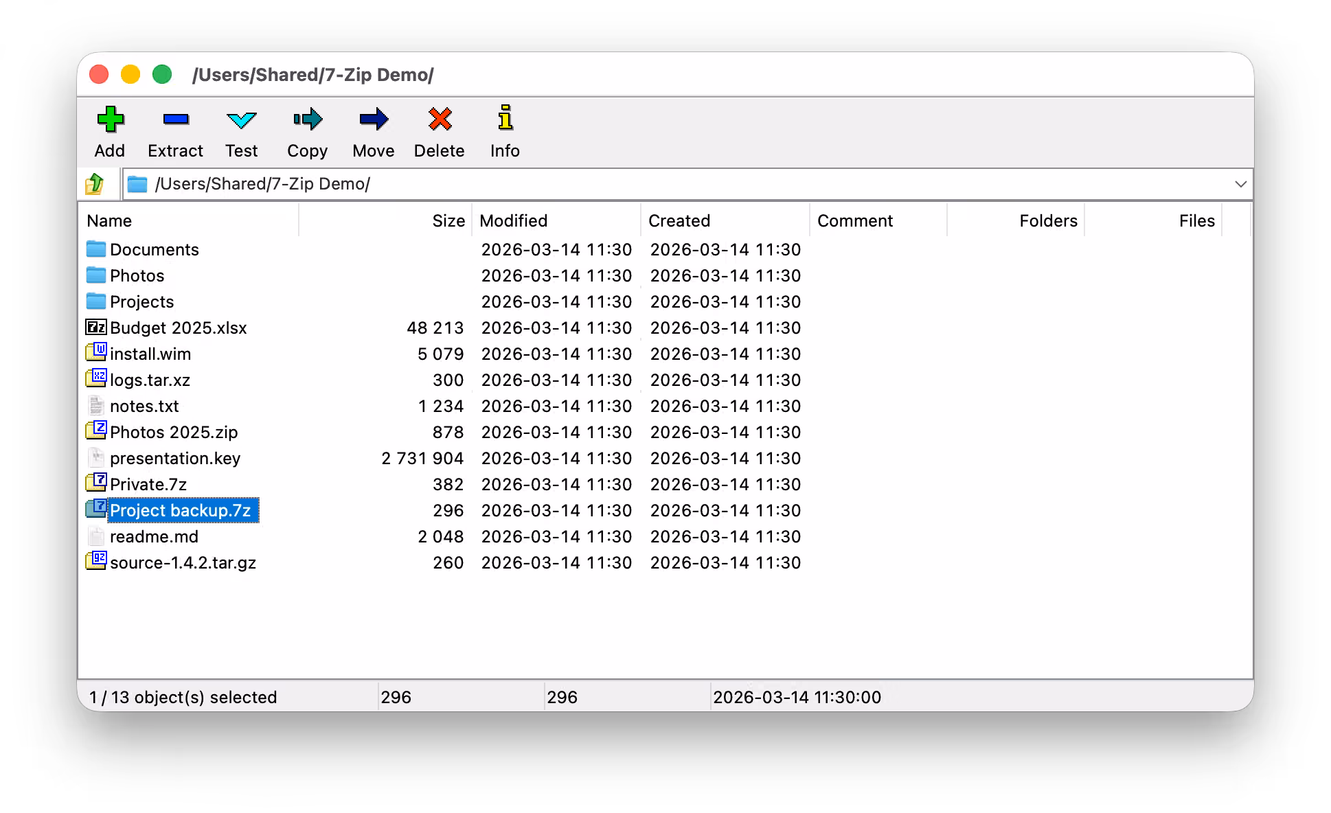 7-Zip for macOS main window in the light theme, with toolbar, address bar and a file list